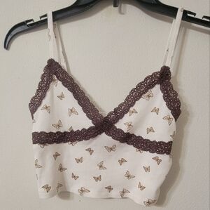 Y2K FULL TILT Small White and Brown Lace Trim Crop Top
